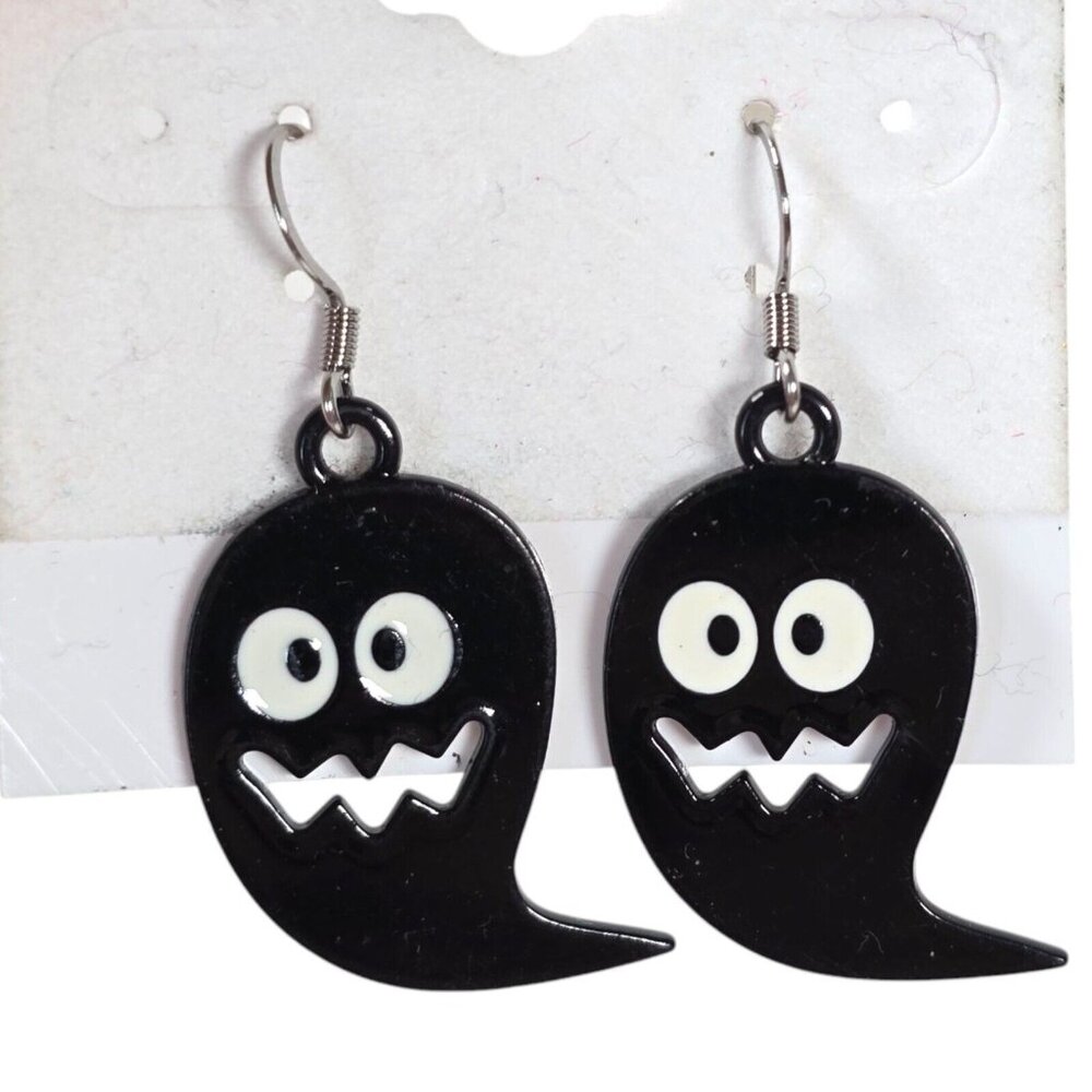Halloween Dangle Earrings Drop Black Ghosts Metal Happy Goth Holiday October